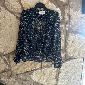 100% Silk Derek Lam Crosby Abstract Print Navy Blue Tie Sheer Blouse Size 4